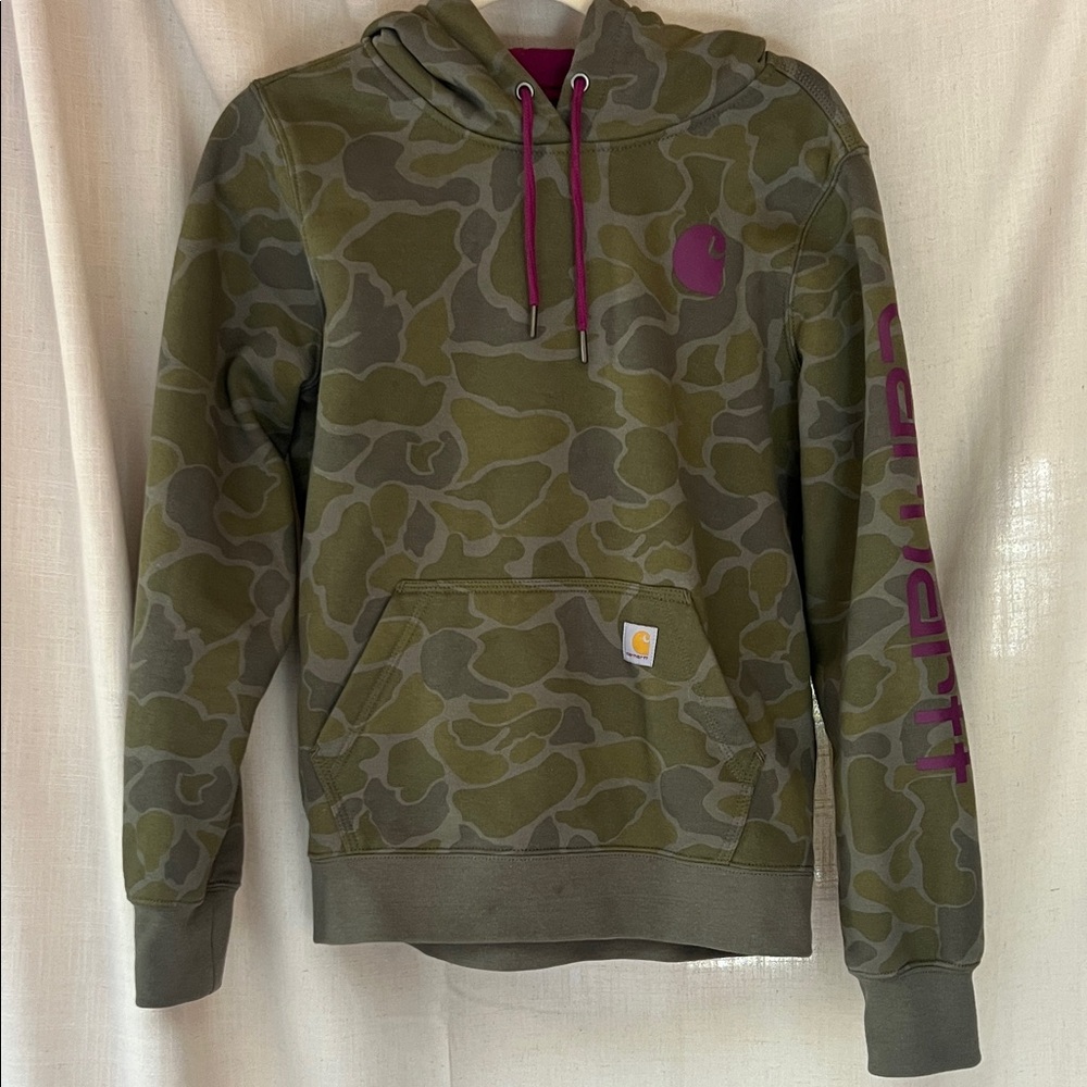 Carhartt Olive Camo Crewneck Hoodie with Magenta Accents